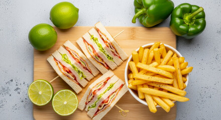 Delicious club sandwiches served with crispy french fries, fresh lime, and green bell pepper