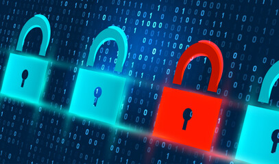 Cybersecurity Breach Concept with Binary Code 0, 1  Red Unlocked Padlock