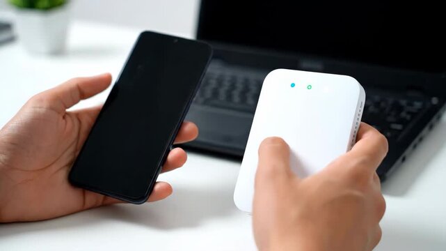 Person holding a black smartphone and a white mobile hotspot device with a laptop in the background.