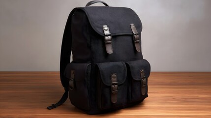 A black canvas backpack with brown leather buckle straps rests on a wooden surface