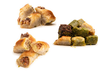 Delicious sweet baklava with walnuts isolated on white background.