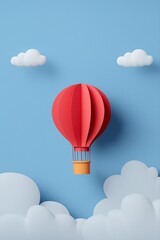 Obraz premium Red hot air balloon in blue sky with white clouds