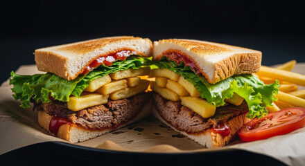 Hearty club sandwich filled with tender meat, crisp lettuce, and golden french fries