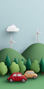 Paper art landscape with cars, trees, wind turbines, and clouds