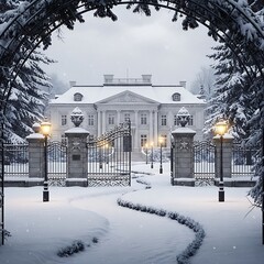 Ornate black gates open to a luxurious white manor house surrounded by deep snow and towering, frozen evergreen trees.