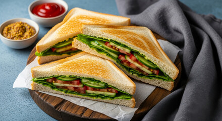 Crisp toasted sandwiches with fresh lettuce, cucumber, and tomato served with condiments