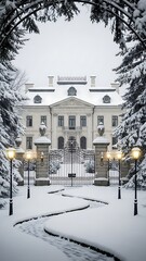 Dramatic winter scenery features a massive white estate viewed through a decorative gate with winding paths and frosted pines.