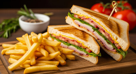 A delightful classic club sandwich with crispy golden french fries served on a rustic wooden board