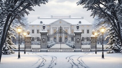 Symmetrical white architecture and decorative ironwork create a prestigious wintry scene framed by heavy, snow-laden pine tree arches.