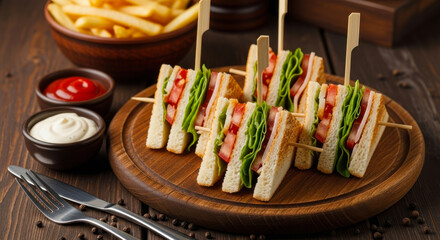 Classic club sandwiches with crispy french fries and dipping sauces on a rustic wooden table