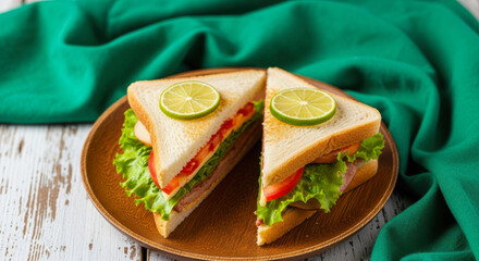 A fresh and appetizing sandwich with crisp lettuce, tomato, and lime served on a wooden plate