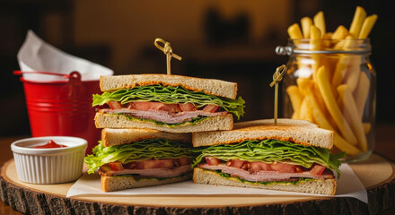 A delicious stack of fresh club sandwiches served with crispy french fries and dipping sauce