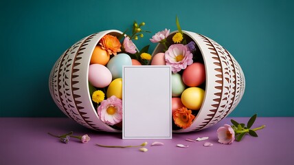 Decorative easter eggs arrangement with blank product label mockup
