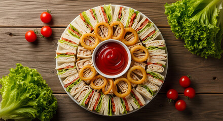 A visually appealing platter of fresh finger sandwiches and crispy golden onion rings with dipping sauce