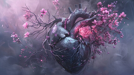 Biomechanical heart transformation with floral elements and futuristic design