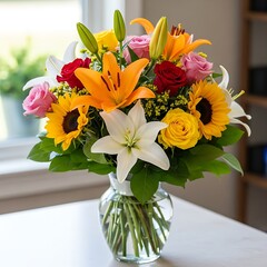 Beautiful collection of red roses and yellow sunflowers artfully arranged in a glass vase for a festive occasion.