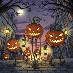Sinister pumpkin-headed figures with thin black limbs parade through a mysterious old town street decorated for a dark Halloween.