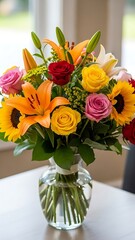 A vibrant mixed flower bouquet featuring sunflowers, roses, and lilies in a glass vase on a white table.