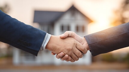 Close-up of two people shaking hands in front of a blurred house, signifying agreement