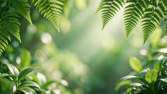 Naturally inspired Fresh green forest scene with fern leaves and soft sunlight, creating a calm natural background ideal for wellness, ecology, relaxation, and eco-friendly design.