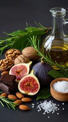 Moody culinary display featuring fresh figs, sea salt, rosemary, and dark chocolate squares on a dark slate tabletop.