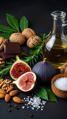 Moody culinary display featuring fresh figs, sea salt, rosemary, and dark chocolate squares on a dark slate tabletop.