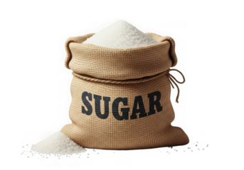 Large burlap sack filled with white granulated sugar