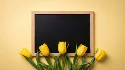 A blackboard with a yellow flower arrangement in front of it. The blackboard is empty and the flowers are yellow