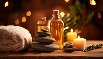 Spa day setup with candles, towels, and essential oils on wooden surface.