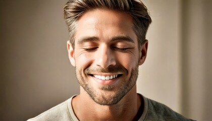 Smiling man with closed eyes and relaxed expression in a serene environment.