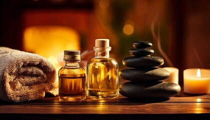 Spa setting with towels, essential oils, and stones for relaxation.