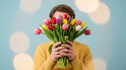 A man is holding a bouquet of flowers, with the flowers being a mix of red, yellow, and purple. The man is wearing a yellow sweater and is looking at the camera. Concept of warmth and happiness