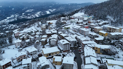 Aerial View Snowcovered Italian Village