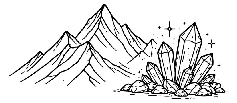 Hand drawn line art landscape elements set featuring mountains and sparkling crystals for nature adventures and mystical designs