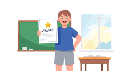 Flat vector illustration of a proud child holding an achievement, ideal for education posters, motivation materials, and self-growth content