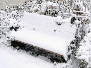 Snow-covered bench in a garden setting reflects winter stillness and seasonal outdoor landscape