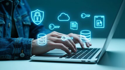 Close-up of hands typing on a laptop with glowing neon data security icons. - Powered by Adobe