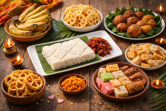 Sri Lankan Sinhala and Tamil New Year food table with milk rice, oil cakes, kokis and bananas.