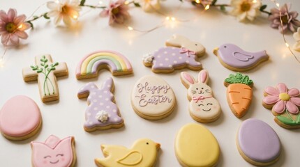 A collection of Easter cookies with a rainbow and a cross. The cookies are decorated with various Easter themes such as eggs, rabbits, and carrots