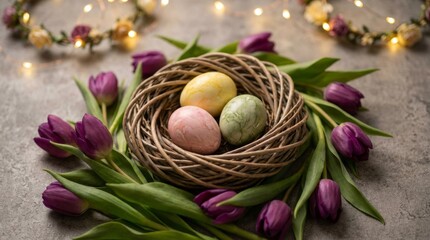 A basket of three eggs is surrounded by purple flowers. The basket is placed on a table with a purple background. The flowers and eggs create a warm and inviting atmosphere