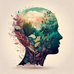 Human head profile with lush greenery and foliage inside.