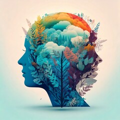 Creative Human Head with Floral Elements and Clouds Inside.