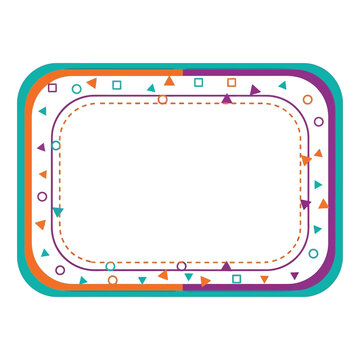 A colorful illustration of a rectangular frame with rounded corners and various shapes on a white background