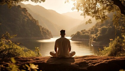 Man meditating in lotus position on a rocky cliff overlooking a serene lake surrounded by mountains.