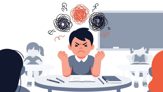 Modern flat illustration of a frustrated child with expressive gestures, ideal for emotional learning visuals, behavior guides, and parenting resources