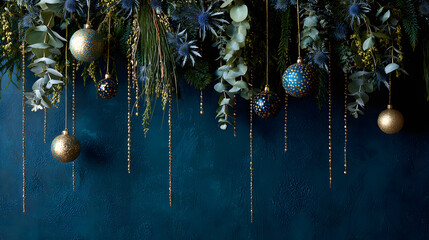Ultra HD Elegant christmas garland with shimmering gold and blue ornaments, festive greenery, and sparkling tinsel on a dark blue background image