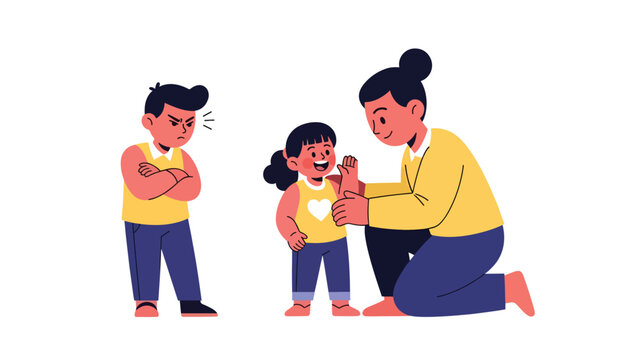 Modern flat illustration of a jealous child with crossed arms, ideal for emotional learning charts, behavior materials, and educational visuals