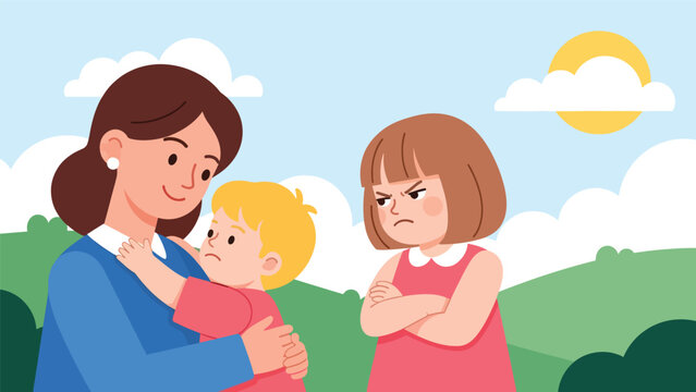 Modern flat illustration of a jealous child with crossed arms, ideal for emotional learning charts, behavior materials, and educational visuals