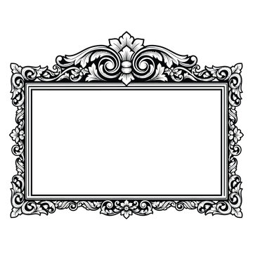 An ornate black and white picture frame with intricate floral designs and scrollwork