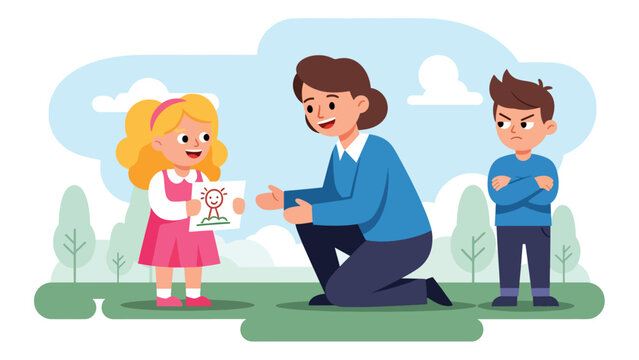 Modern flat illustration of a jealous child with crossed arms, ideal for emotional learning charts, behavior materials, and educational visuals